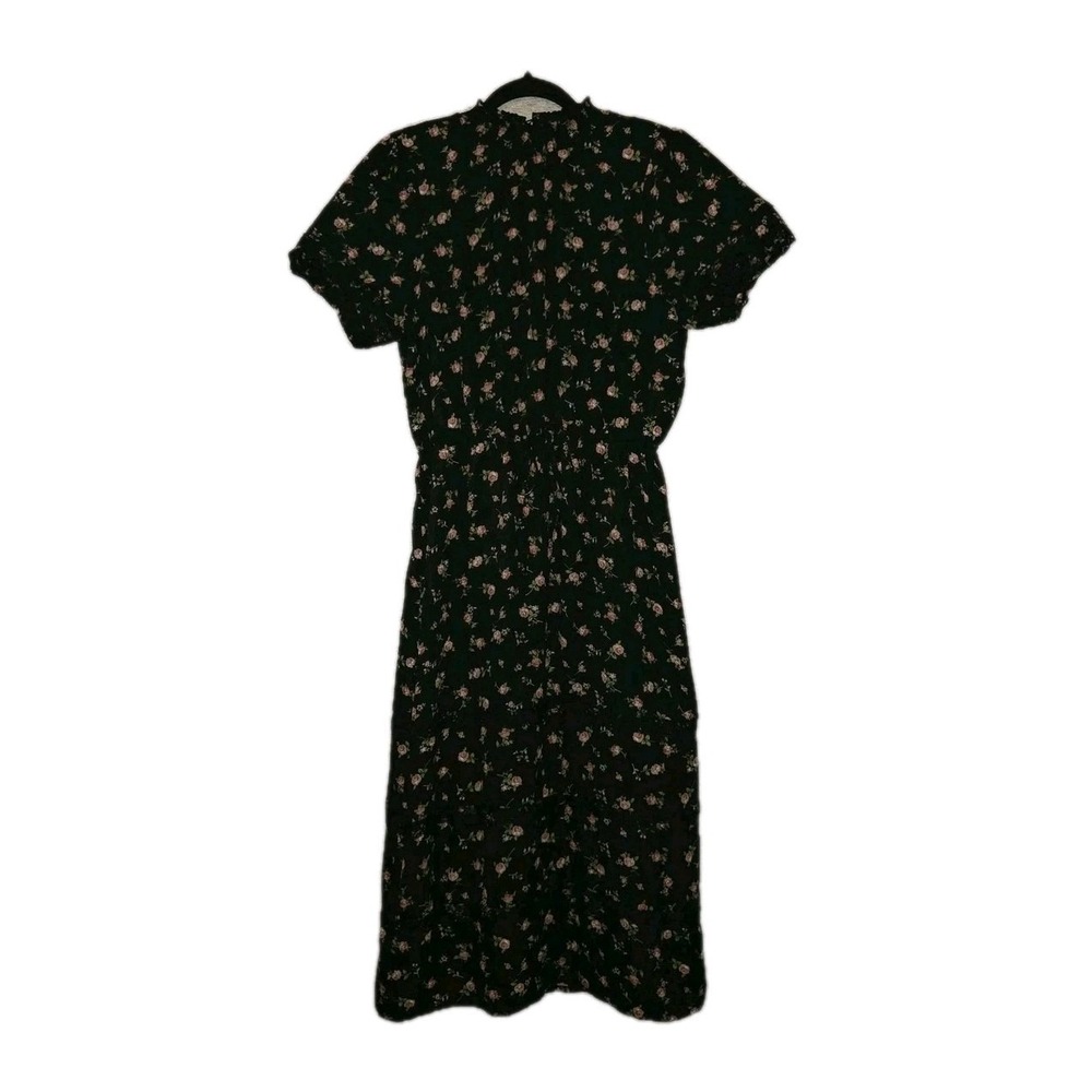 Max+Ash Black Floral Midi Dress Women's XL Smocked Mock Neck Lace Accent